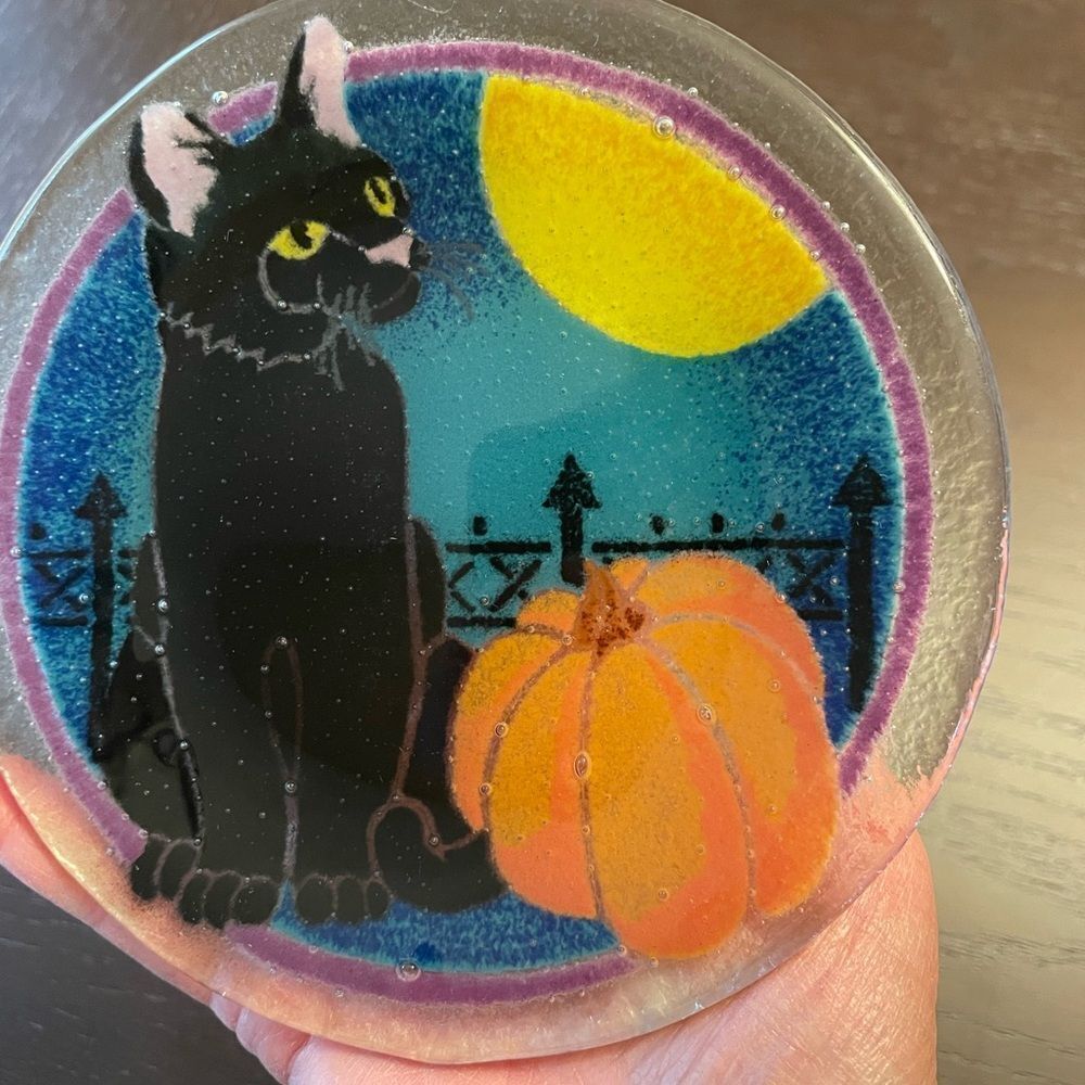 Peggy Karr Black Cat Pumpkin Moon 6 inch Glass Infused Plate Signed